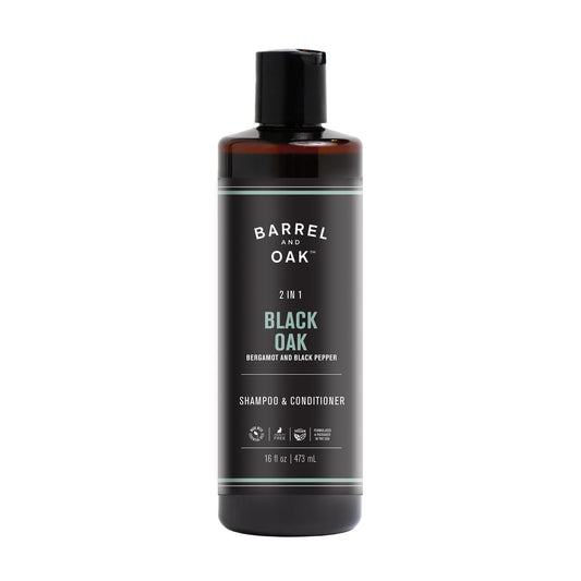 Barrel & Oak 2-in-1 shampoo bottle front, vegan formula for daily hair and scalp cleansing.