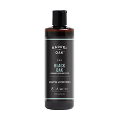 Barrel & Oak 2-in-1 shampoo bottle front, vegan formula for daily hair and scalp cleansing.
