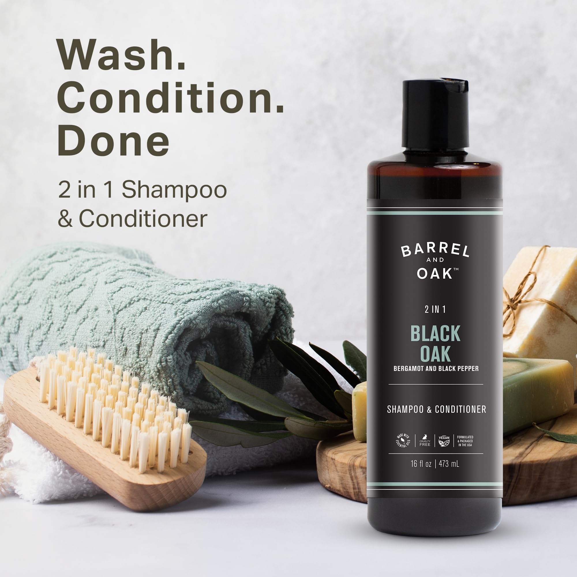 Barrel & Oak 2-in-1 shampoo bottle pour, outdoorsy scent profile ready to refresh.