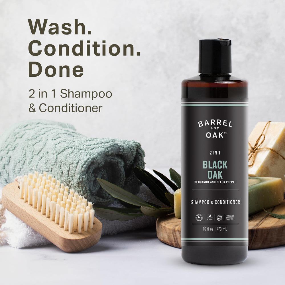 Barrel & Oak 2-in-1 shampoo bottle pour, outdoorsy scent profile ready to refresh.