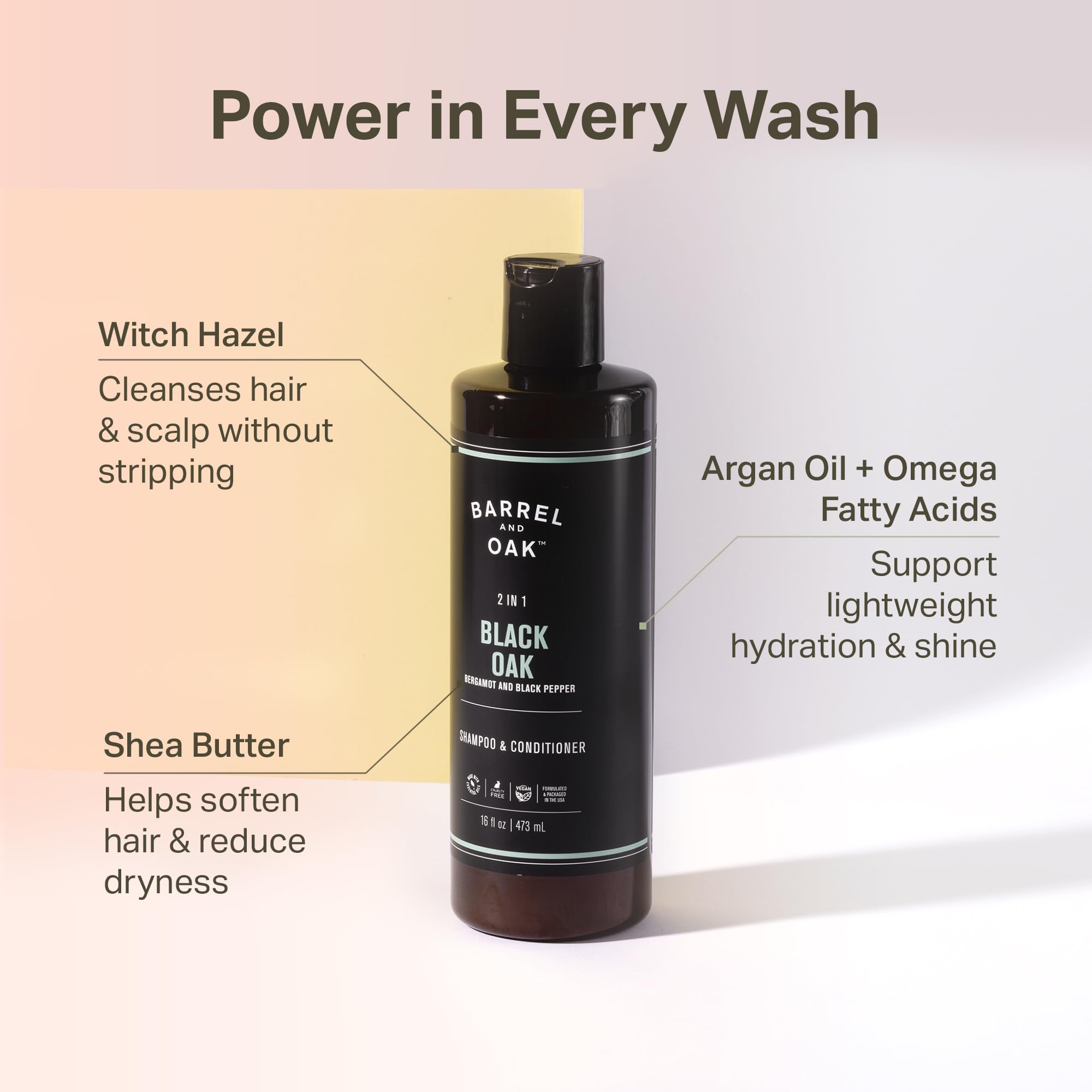 Barrel & Oak 2-in-1 shampoo packaging, vegan and cruelty-free branding on the container.