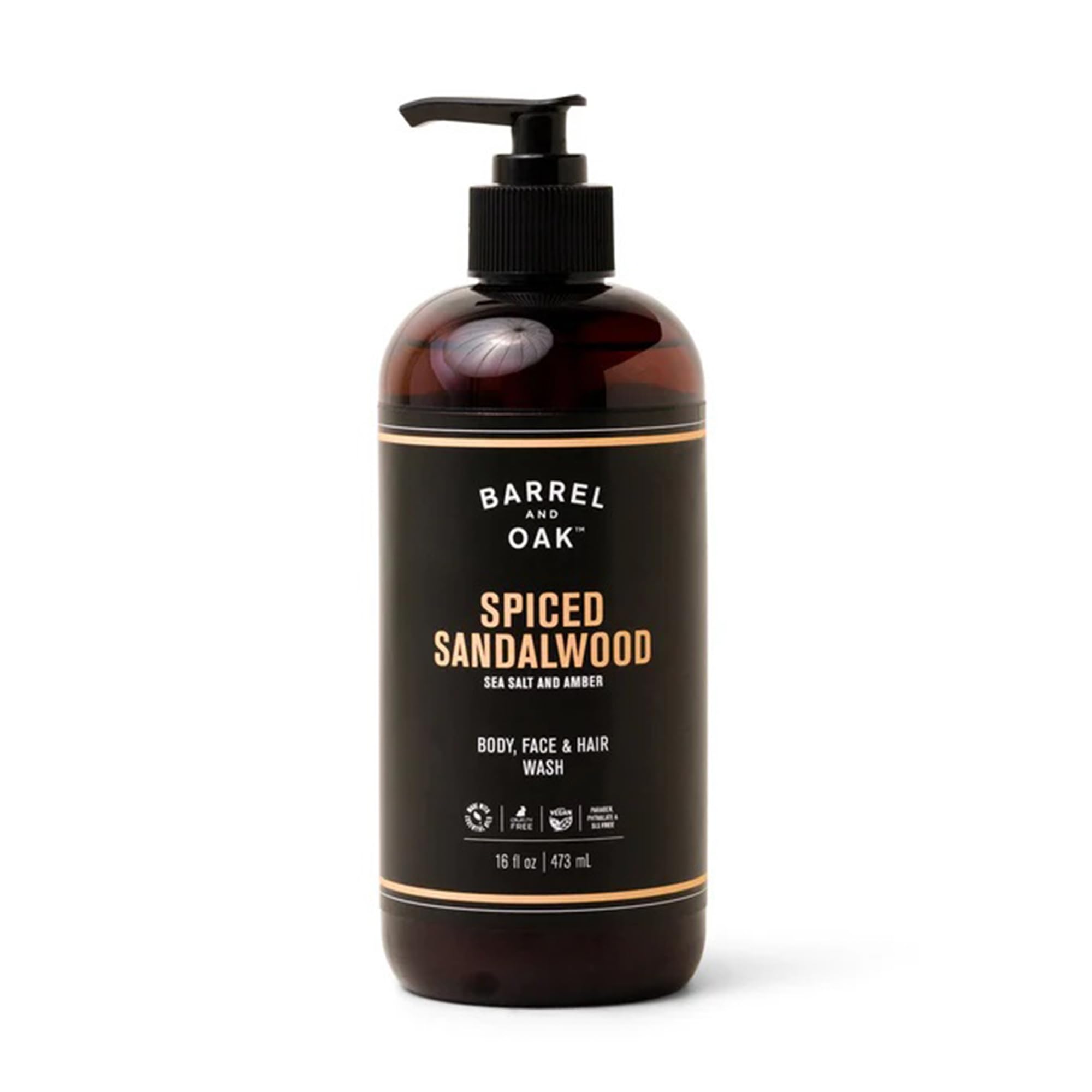 Barrel & Oak all-in-one wash bottle for face-hair-body with sandalwood aroma and daily cleansing.