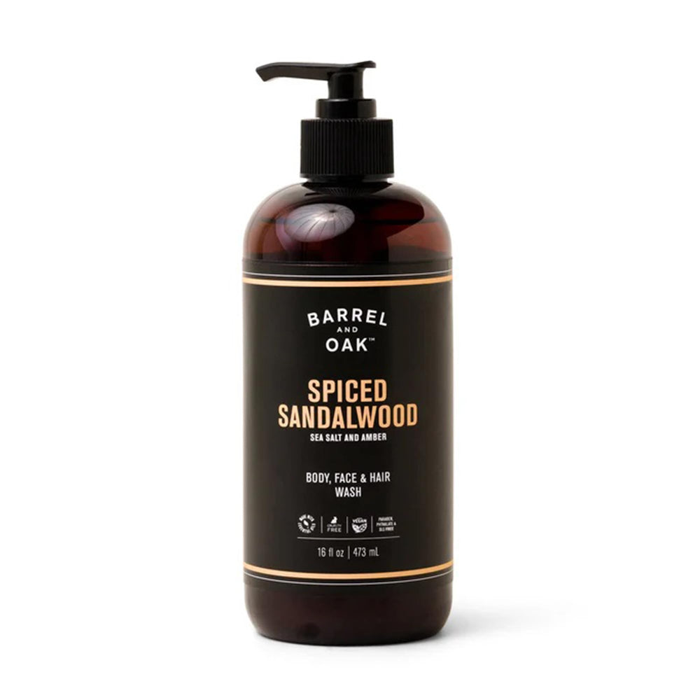 Barrel & Oak all-in-one wash bottle for face-hair-body with sandalwood aroma and daily cleansing.