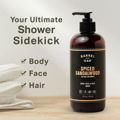 Barrel & Oak all-in-one wash sandalwood-amber scent bottle for a refreshing shower experience.