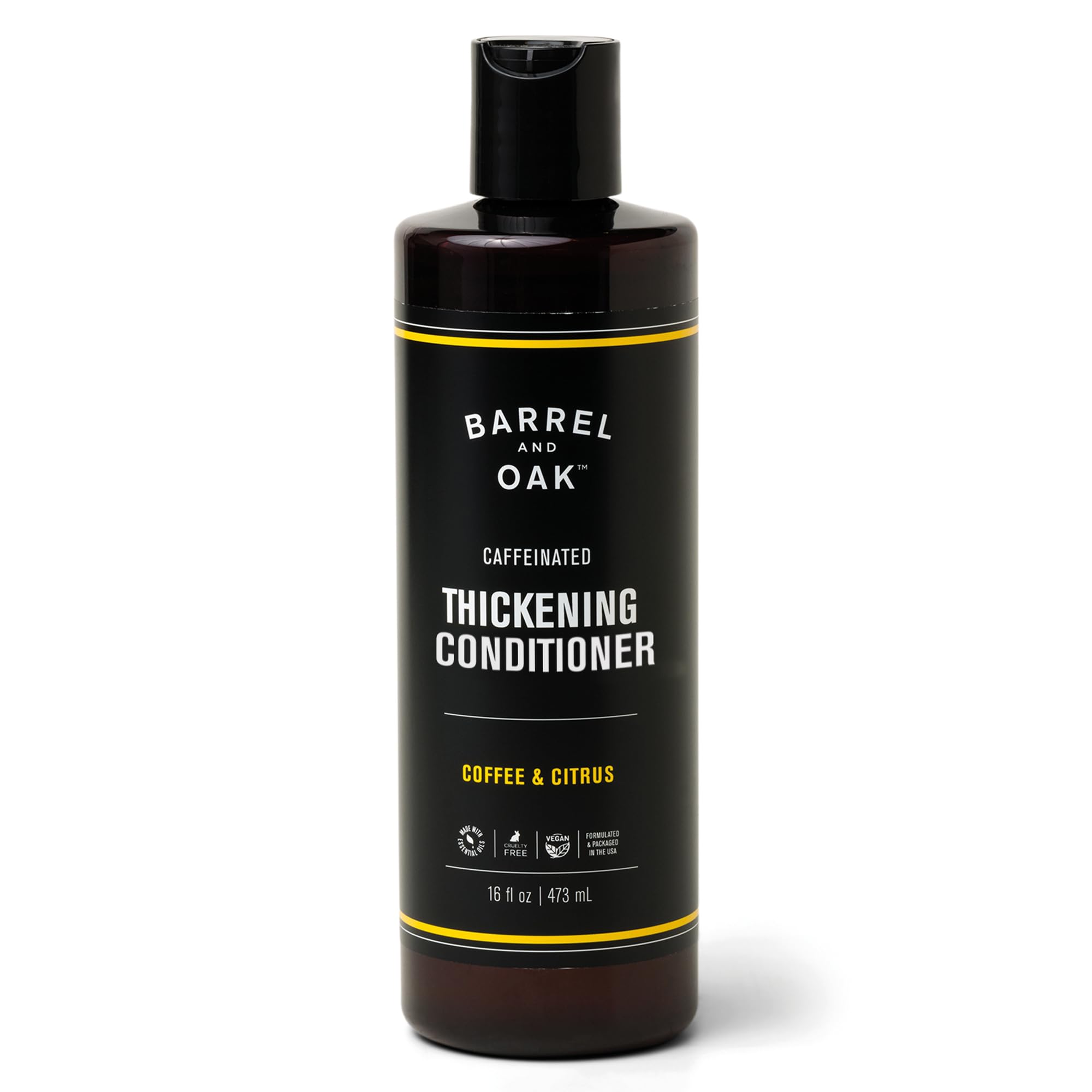 Barrel & Oak caffeinated coffee conditioner bottle showing volumizing action