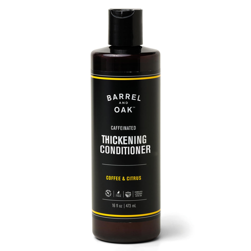 Barrel & Oak caffeinated coffee conditioner bottle showing volumizing action