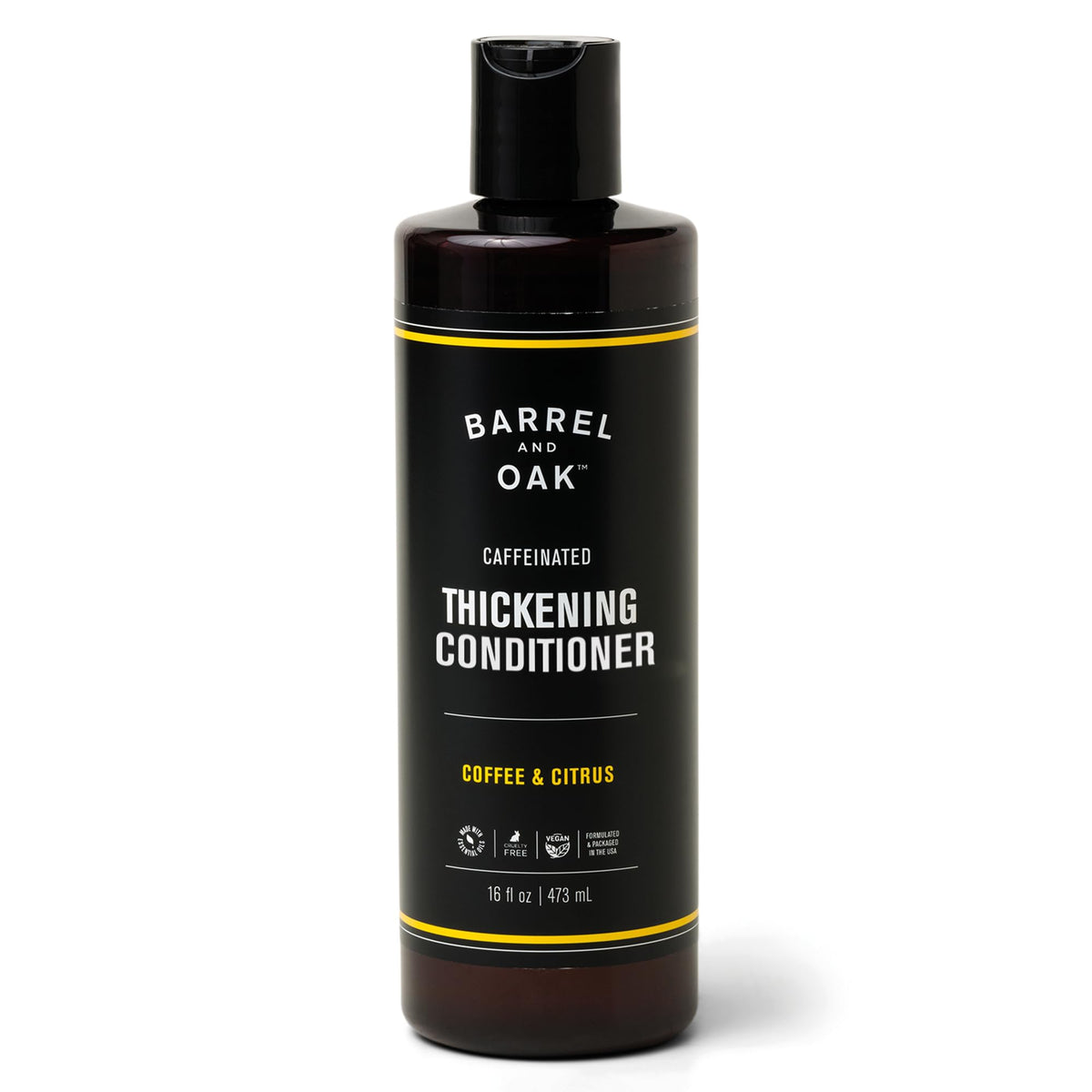 Barrel & Oak caffeinated coffee conditioner bottle showing volumizing action