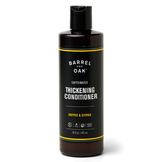 Barrel & Oak caffeinated coffee conditioner bottle showing volumizing action