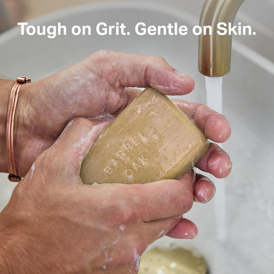 Barrel & Oak exfoliating bar soap close-up texture showing olive stone and walnut scrub