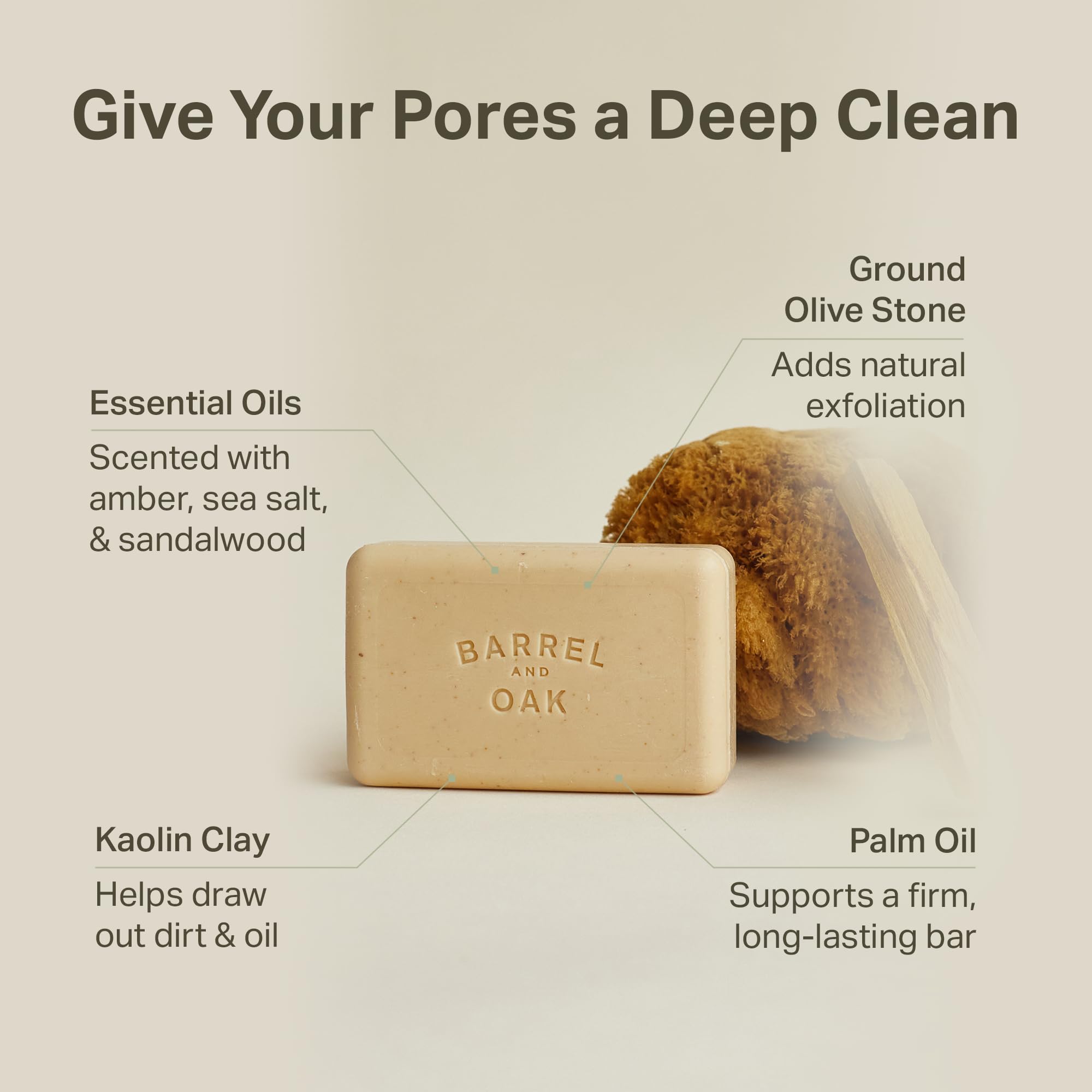 Barrel & Oak exfoliating bar soap olive stone powder texture for refreshed skin