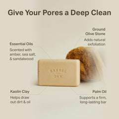 Barrel & Oak exfoliating bar soap olive stone powder texture for refreshed skin