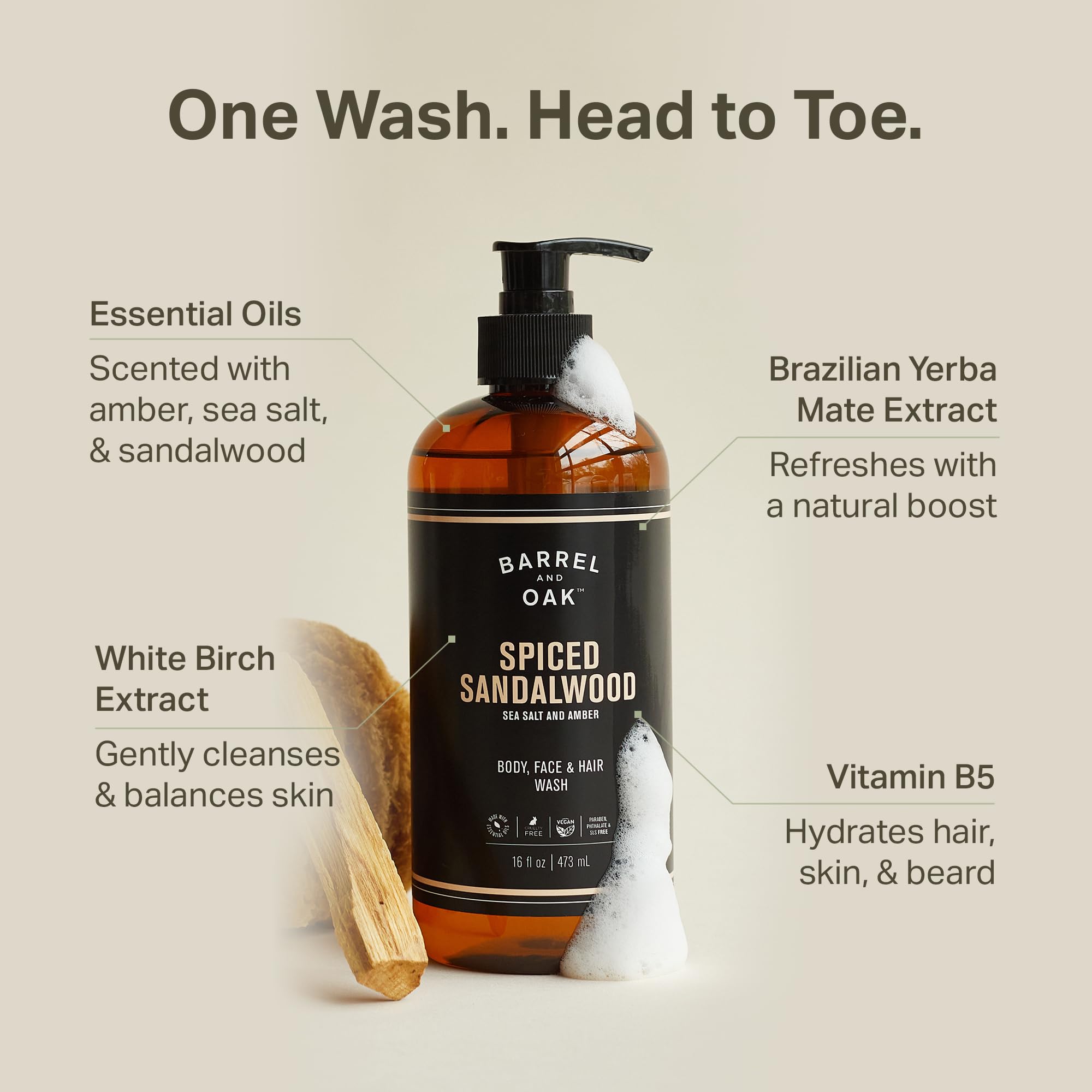Barrel & Oak birch and Vitamin B5 wash bottle emphasizes hydrating facial cleanse.