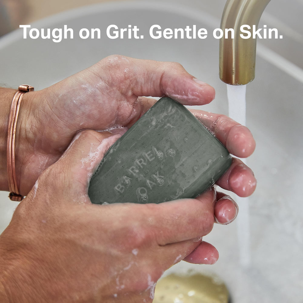 Barrel & Oak kaolin clay action shot emphasizing gentle exfoliation and skin balance