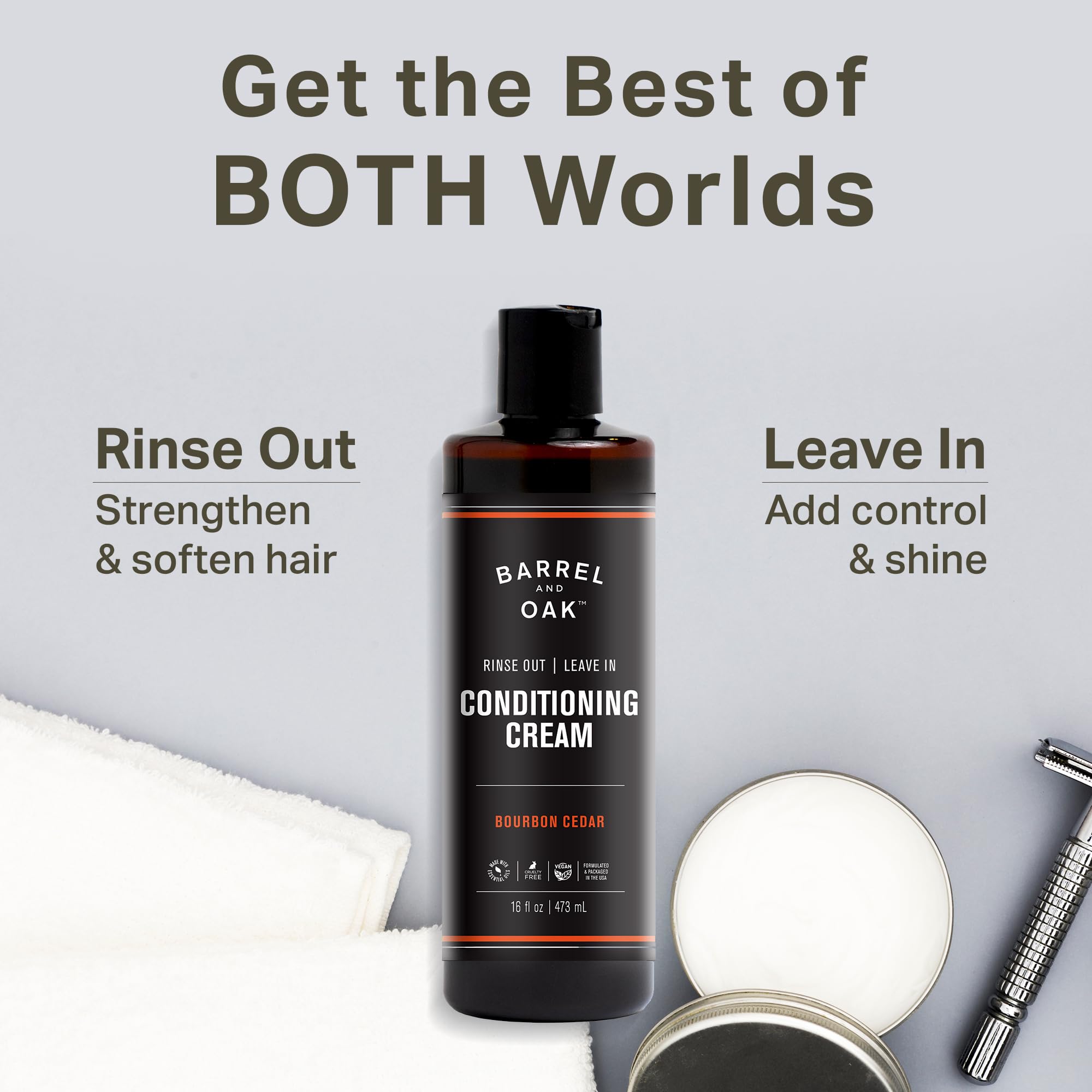 Barrel & Oak bourbon cedar leave-in conditioner bottle for versatile styling