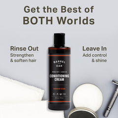 Barrel & Oak bourbon cedar leave-in conditioner bottle for versatile styling