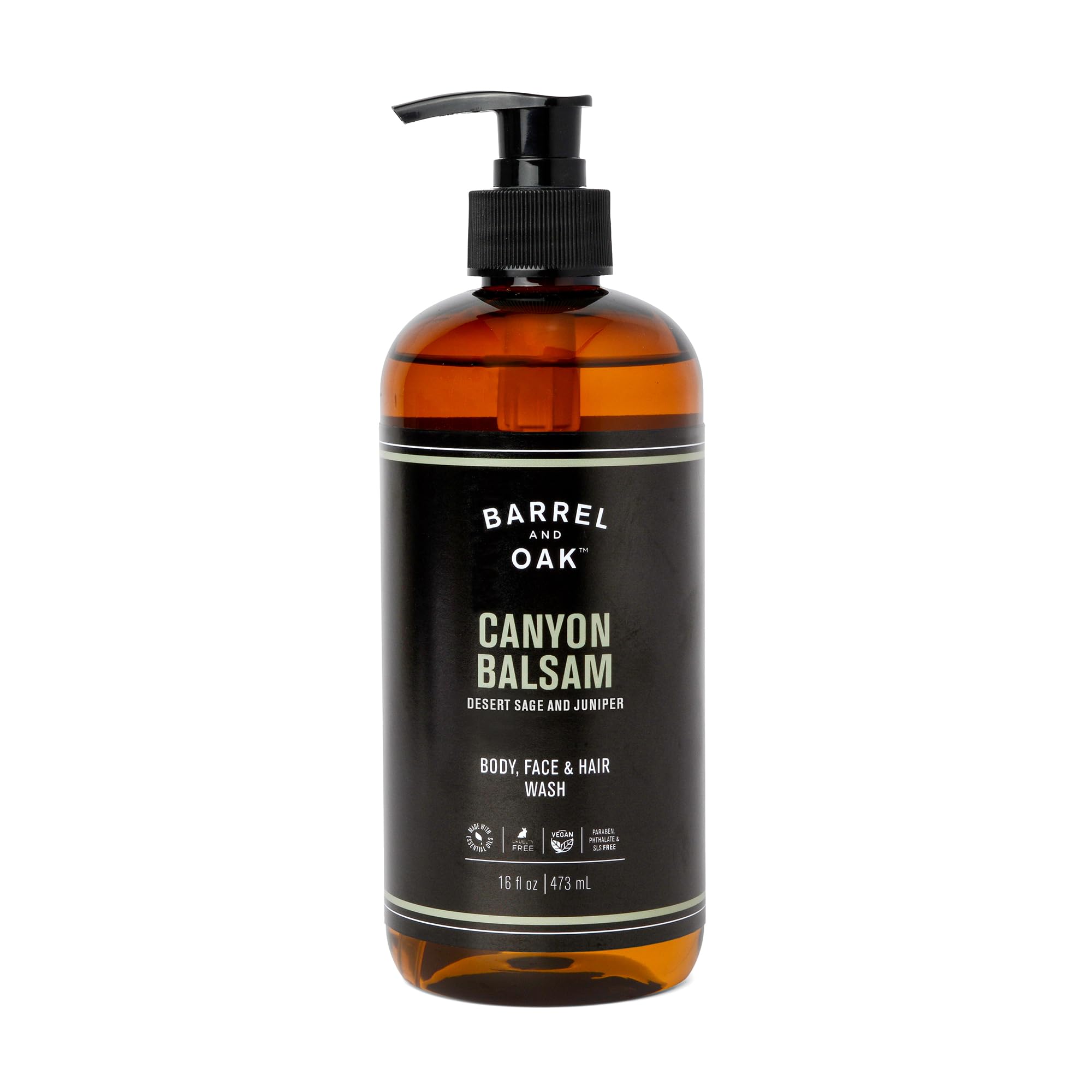 Barrel & Oak all-in-one wash bottle closeup with Canyon Balsam scent for daily grooming