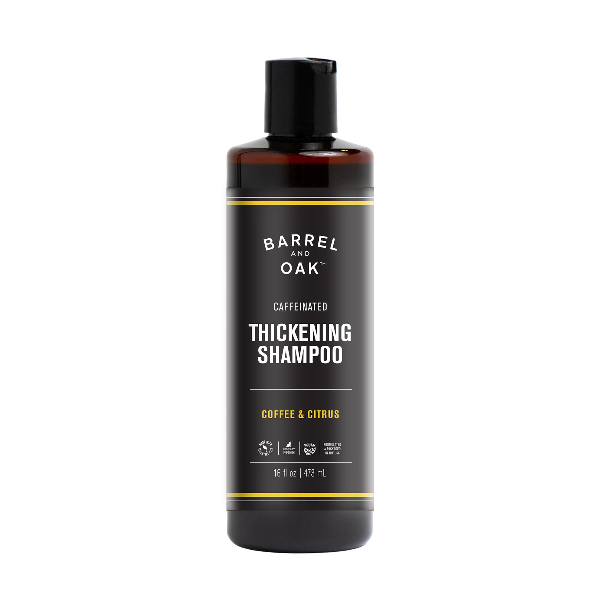 Barrel & Oak coffee citrus caffeinated shampoo bottle pour for scalp refreshment.