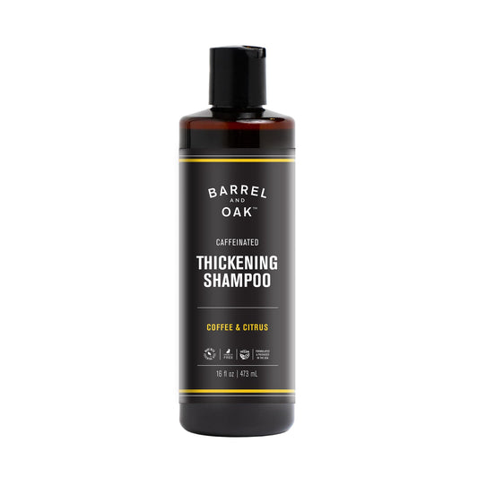 Barrel & Oak coffee citrus caffeinated shampoo bottle pour for scalp refreshment.