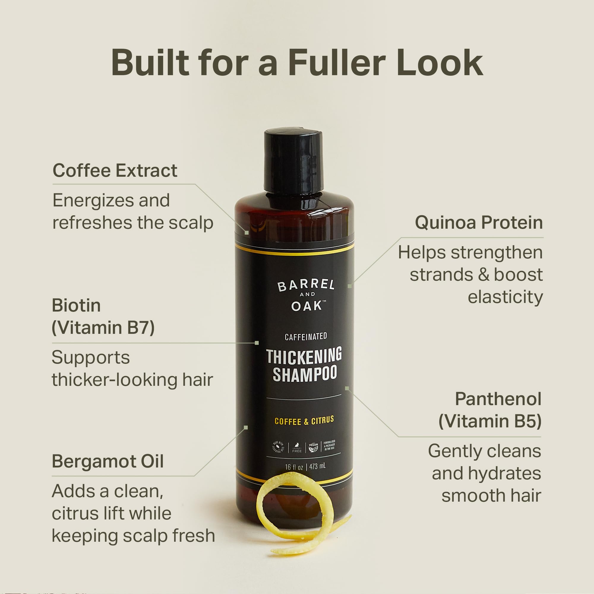Barrel & Oak caffeine shampoo close-up shows rich lather and fullness support.