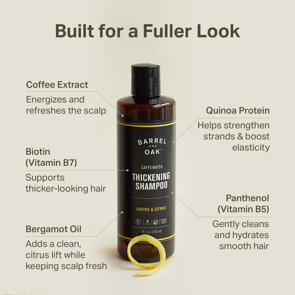 Barrel & Oak caffeine shampoo close-up shows rich lather and fullness support.