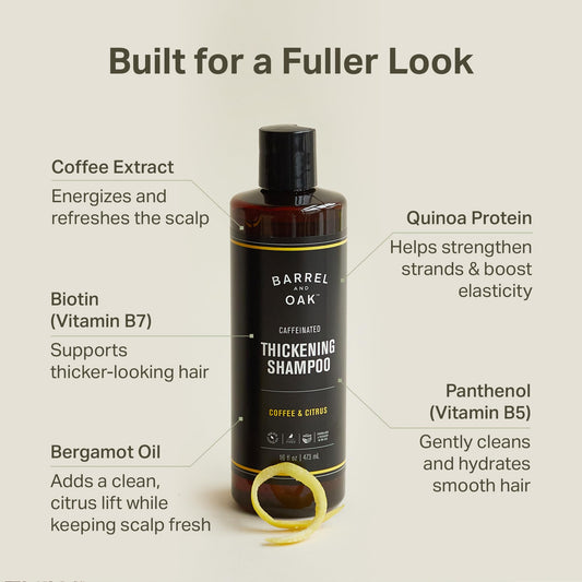 Barrel & Oak caffeine shampoo close-up shows rich lather and fullness support.