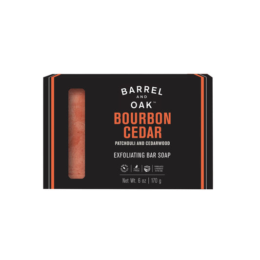 Barrel & Oak Exfoliating Bar Soap Bourbon Cedar close-up for a refreshing cleanse.
