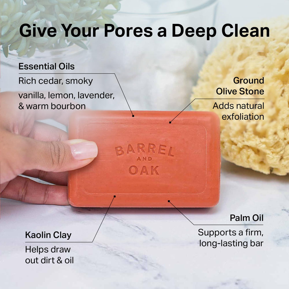 Barrel & Oak Kaolin clay detail promotes cleansing without overdrying.