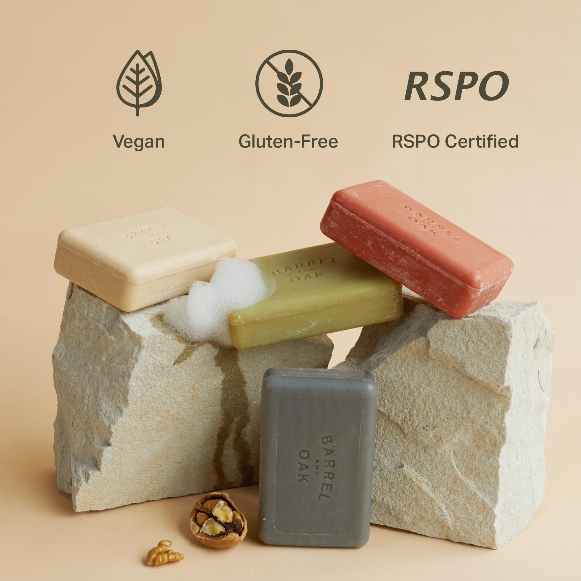 Barrel & Oak exfoliating bar soap with kaolin clay for careful cleansing.