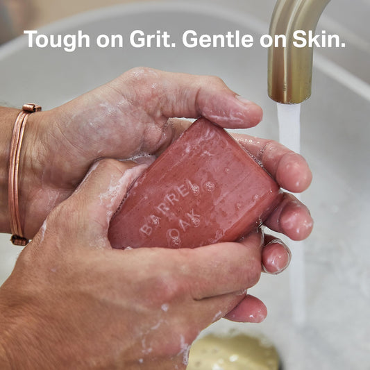Barrel & Oak soap texture featuring walnut shell and olive stone exfoliation.