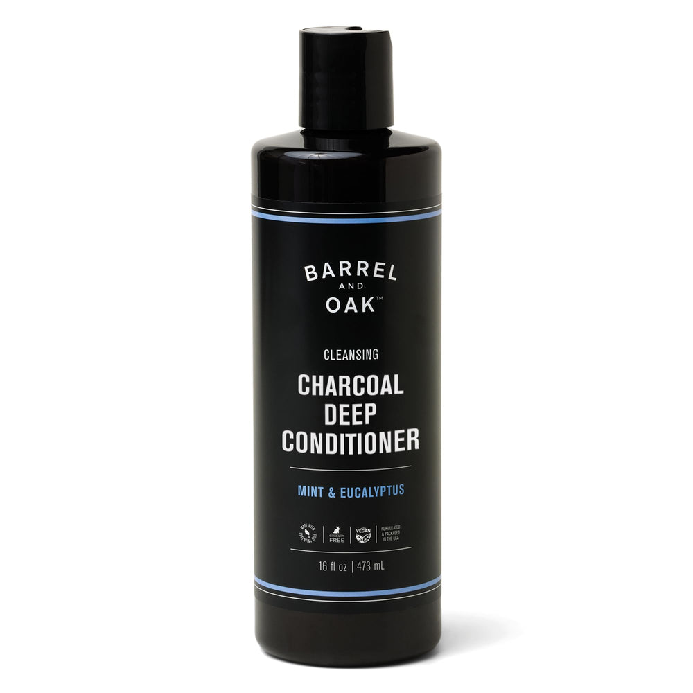 Barrel & Oak Gentlemen's Hardware charcoal deep conditioner bottle purifies while hydrating hair.