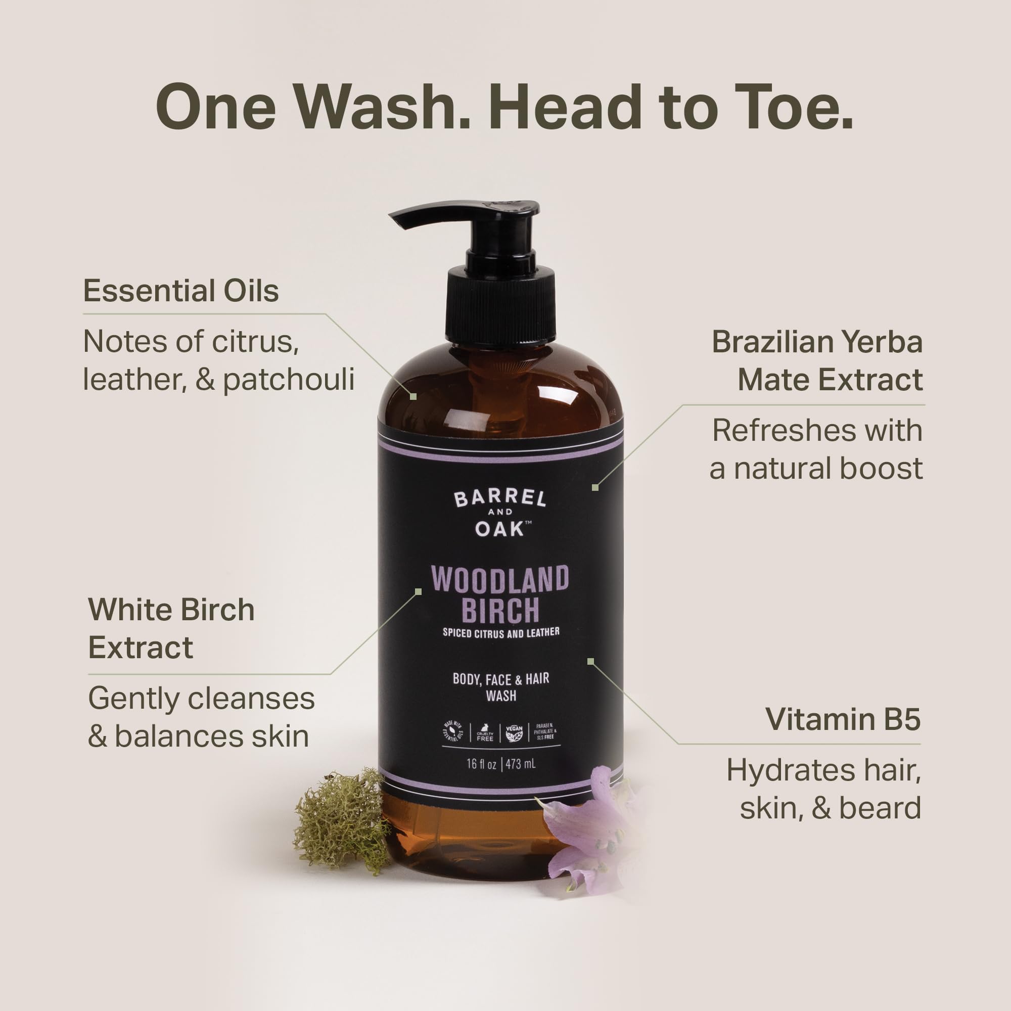 Barrel & Oak Woodland Birch 2-in-1 Shampoo & Conditioner hydrates scalp and hair in one step.
