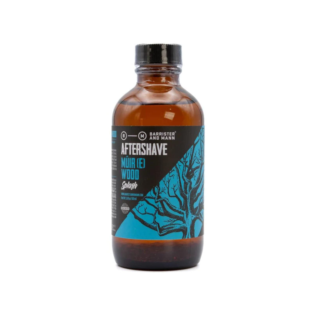 Barrister and Mann Aftershave Splash Muir Wood close-up label highlights forest-inspired scent for daily grooming