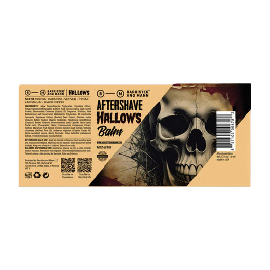 Barrister and Mann Hallows balm ingredients highlight hydration with jojoba oil.