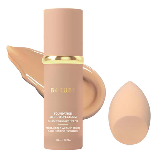 BARUBT 4-in-1 foundation bottle with SPF50 protection shown on smooth skin for protection and glow.