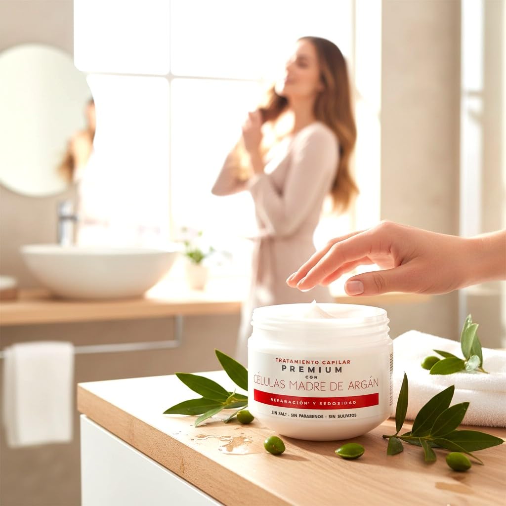 Basil Stem Cells Argan Hair Treatment close-up texture showing creamy consistency for daily conditioning.