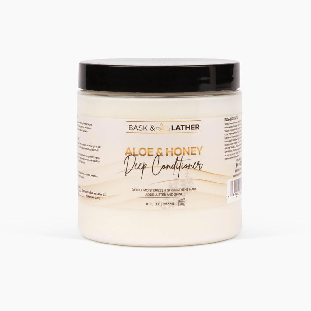 BASK & LATHER Aloe & Honey Deep Conditioner bottle for hydrated, smooth curls