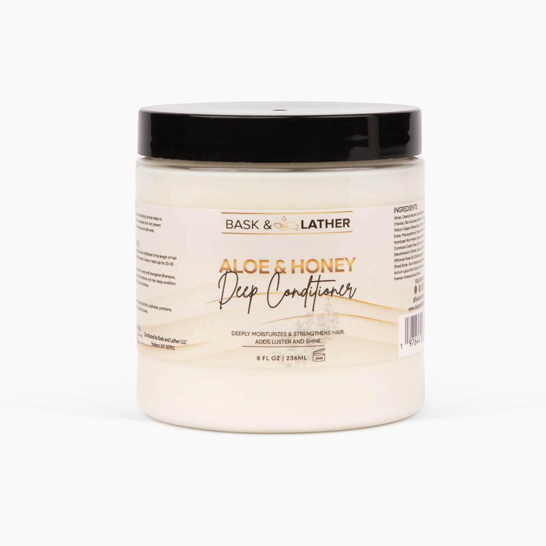 BASK & LATHER Aloe & Honey Deep Conditioner bottle for hydrated, smooth curls