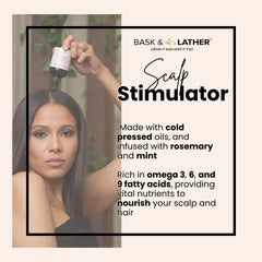 Bask & Lather Hair Growth Oil application closeup highlighting mint and rosemary scent.