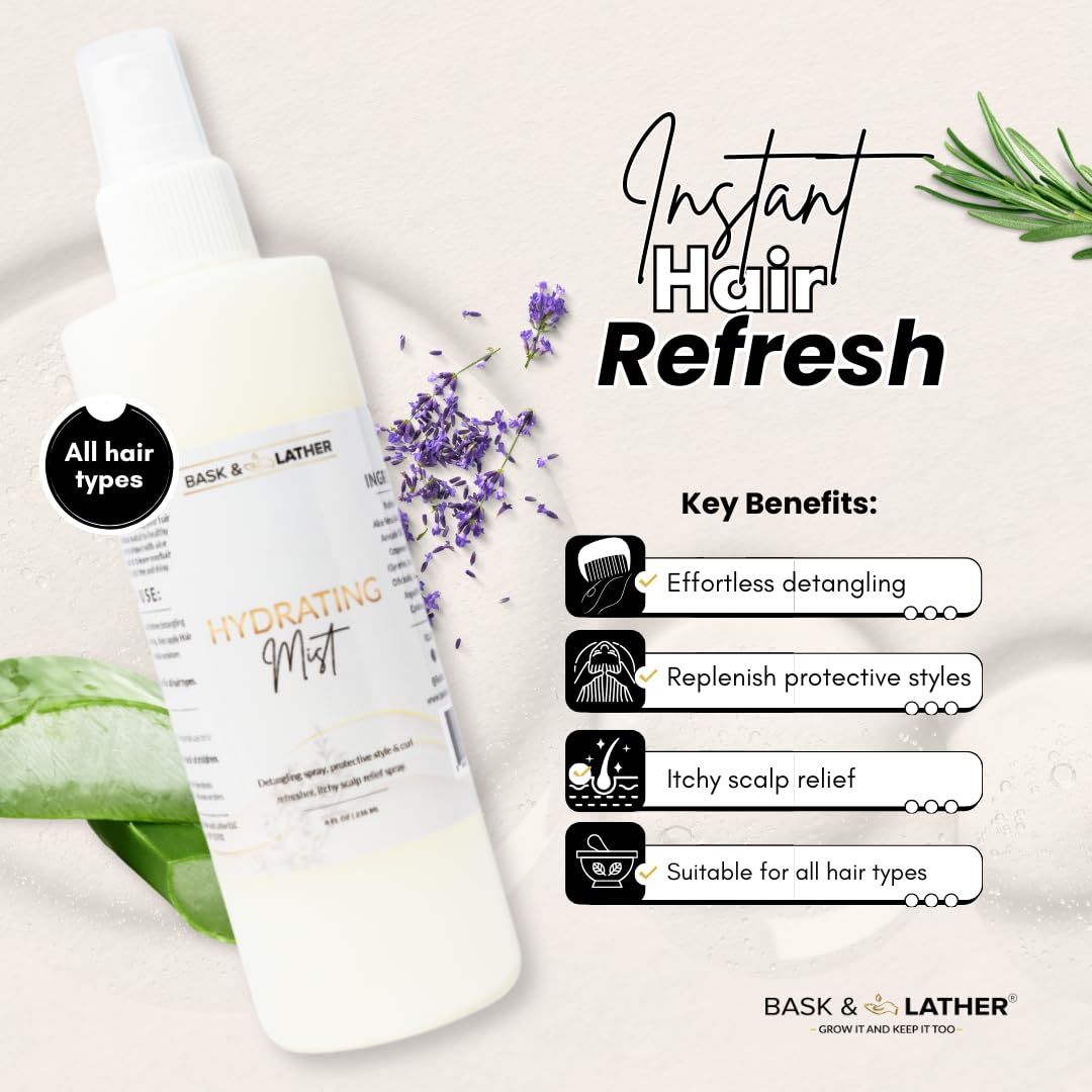 Bask & Lather Hair Mist dispense pump for quick, even application.