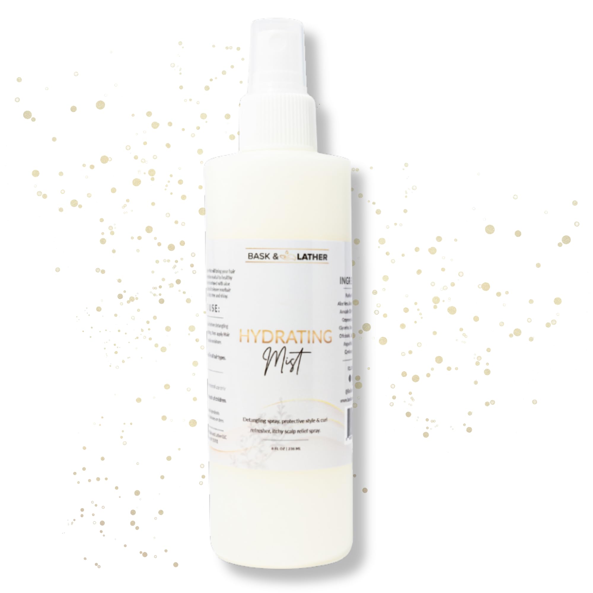 Bask & Lather Hydrating Hair Mist bottle offers detangling and hydration.