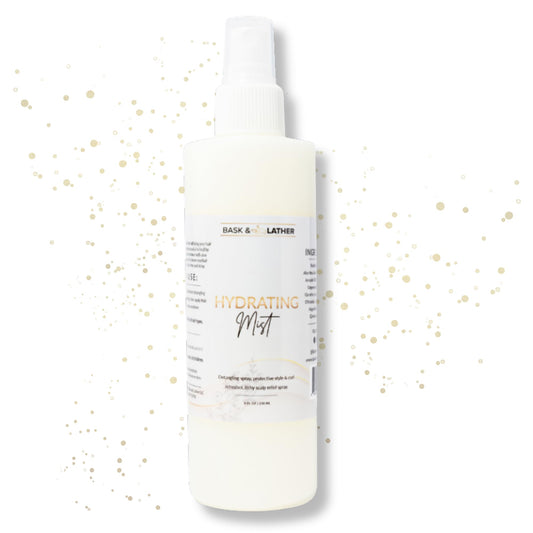 Bask & Lather Hydrating Hair Mist bottle offers detangling and hydration.