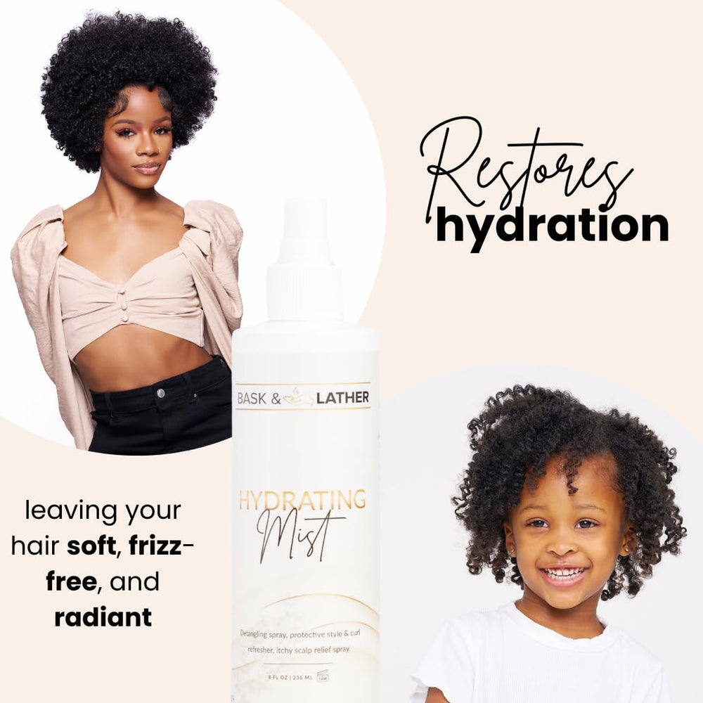 Bask & Lather Hydrating Mist on curls for refreshed, defined texture.
