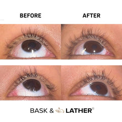 Bask & Lather lash serum on eyebrows and lashes demonstrates versatile use.