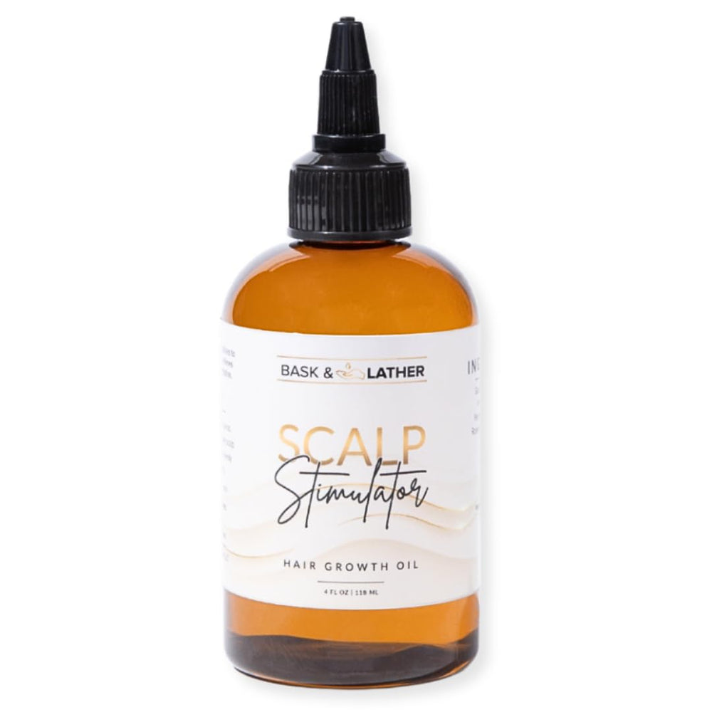 Bask & Lather Scalp Stimulator Oil bottle 4oz for easy scalp application and better hair feel.