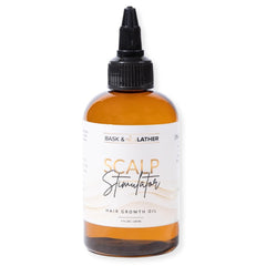 Bask & Lather Scalp Stimulator Oil bottle 4oz for easy scalp application and better hair feel.