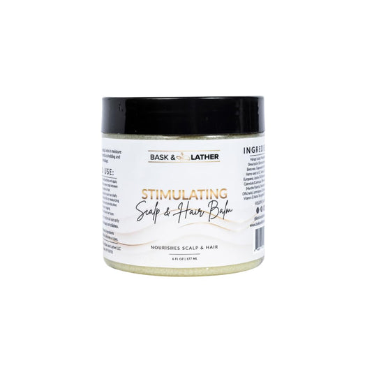Bask & Lather Stimulating Scalp Balm bottle highlighting soothing hydration for a balanced scalp.