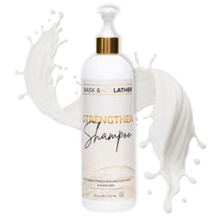 BASK & LATHER Strengthen Hair Shampoo bottle supports healthier strands with balanced cleansing.