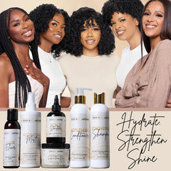 BASK & LATHER Strengthen Shampoo 8oz bottle on bathroom counter for daily use.