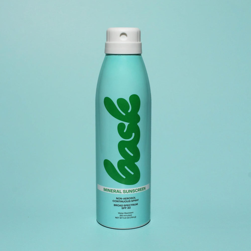 Bask Suncare fragrance-free mineral formula shown for sensitive, non-irritating protection.
