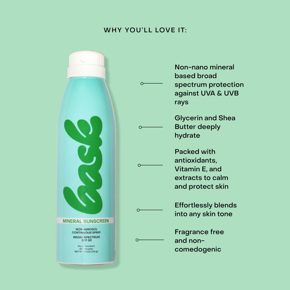 Bask Suncare non-aerosol spray highlights versatile application from any angle.